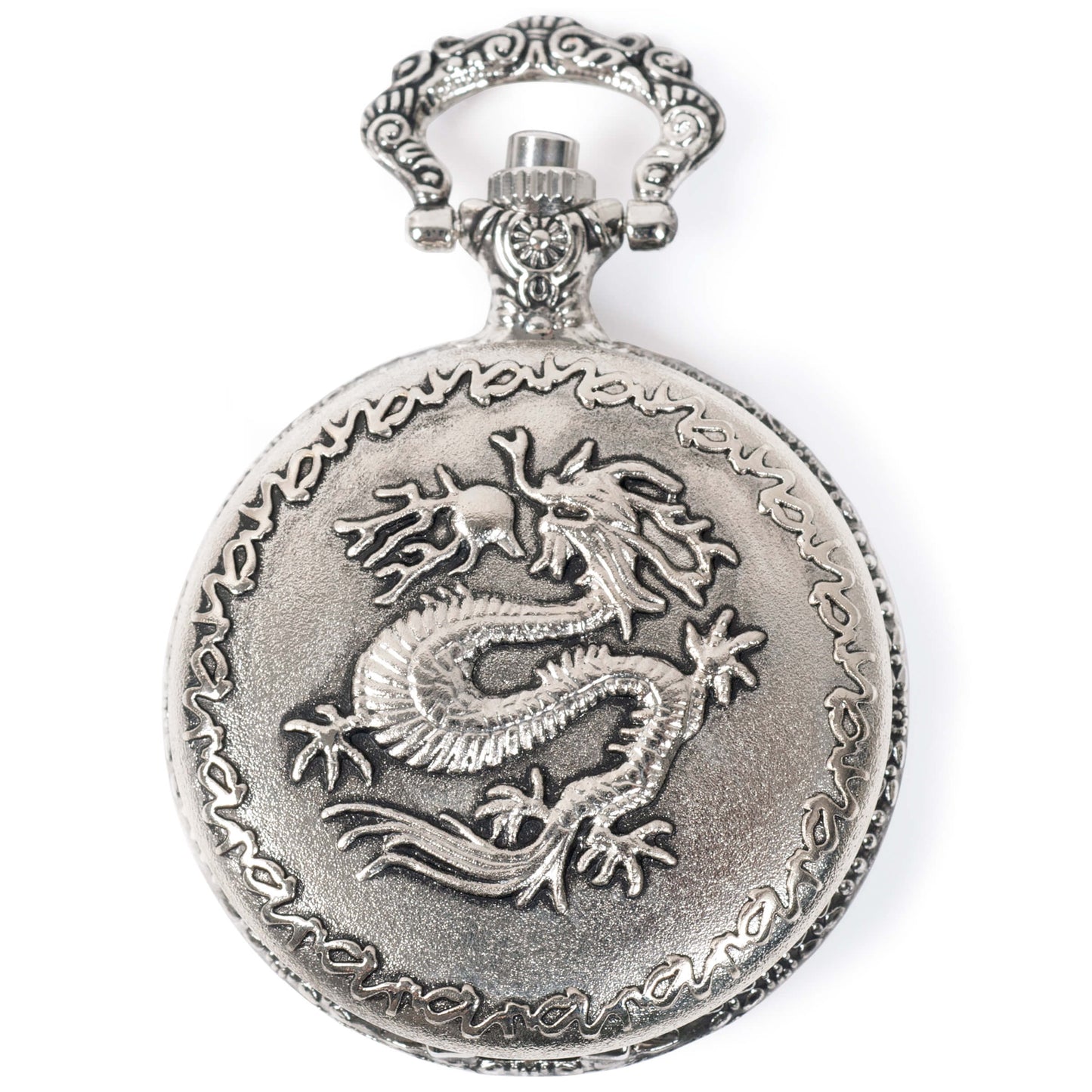 large pocket watch case with dragon design on front, clear cover holds your contents. Back pops off to add your mementos. Antiqued imitation silver finish.