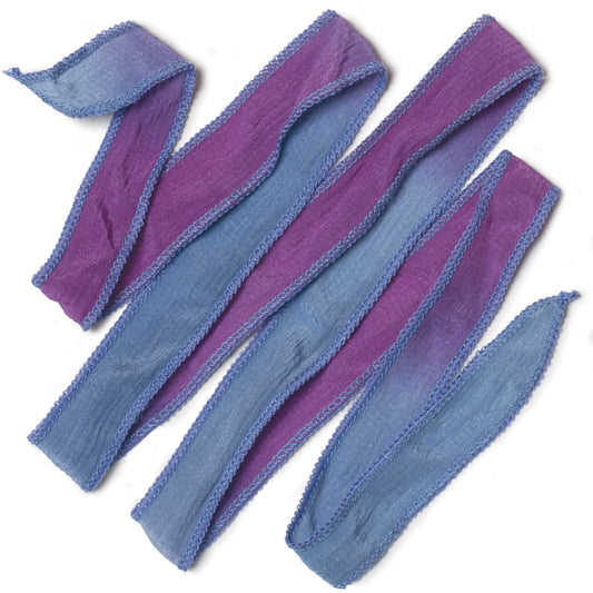 Hand-dyed, silk crinkle ribbon, in blue and lilac tones that are the natural colors of wild blueberries. Beautifully blended ombre, all edges neatly stitched, 34 inches in length with tapered points at the ends. Great for wrap bracelets, hair ties, and necklace bands.