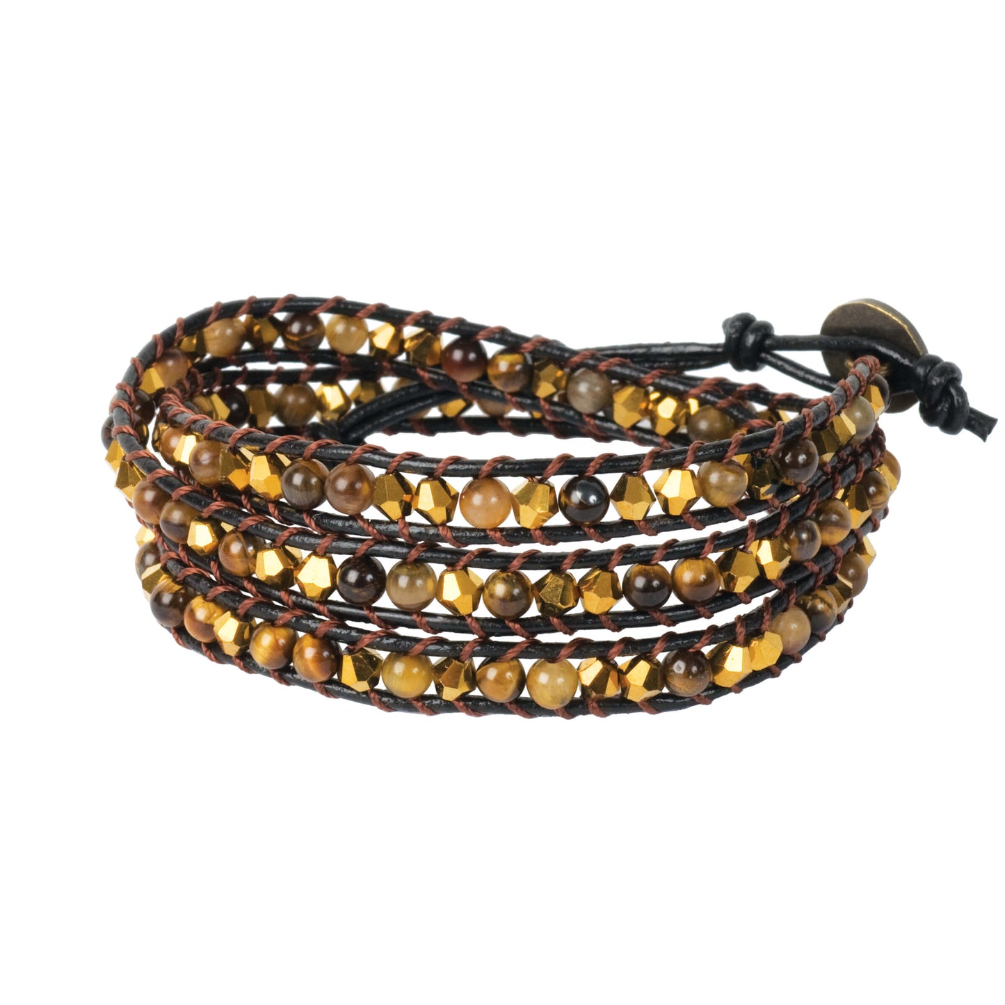 Golden Tiger beaded wrap bracelet, DIY kit with genuine tiger eye semiprecious beads and golden metallic cut crystal beads, leather cord, signature closure button, nyln jewelry thread. Make yourself easily witg illustrated instructions.