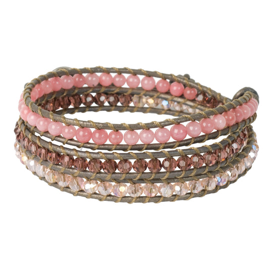 Pale Rose beaded wrap bracelet, DIY kit with genuine dyed agate semiprecious beads and cut crystal beads, leather cord, signature closure button, nyln jewelry thread. Make yourself easily with illustrated instructions.